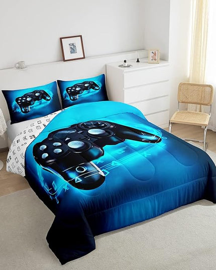 Feelyou Queen Size Gaming Comforter Set for Boys Gamer Bedding Set for Teens Kids Gamer Room Decor Blue Video Games Comforter Duvet Set Gamepad Quilted All Season 1 Comforter with 2 Pillow Cases - LeafyLoom
