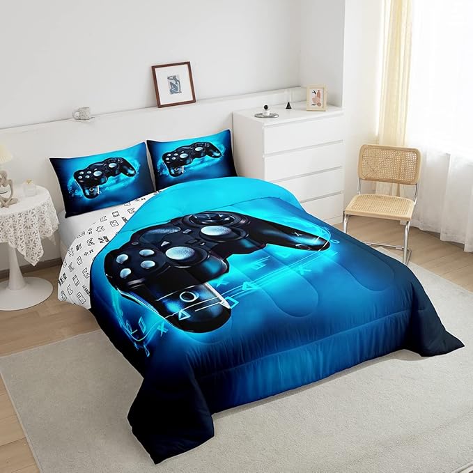 Feelyou Queen Size Gaming Comforter Set for Boys Gamer Bedding Set for Teens Kids Gamer Room Decor Blue Video Games Comforter Duvet Set Gamepad Quilted All Season 1 Comforter with 2 Pillow Cases - LeafyLoom