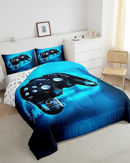 Feelyou Gamer Comforter Sets for Boys Twin Bedding Set for Boys Kids Gaming Comforter Gamer Room Decor Blue Video Game Bed Set Teens Bedroom Gamepad Duvet Set All Season 1 Comforter with 1 Pillow Case - LeafyLoom