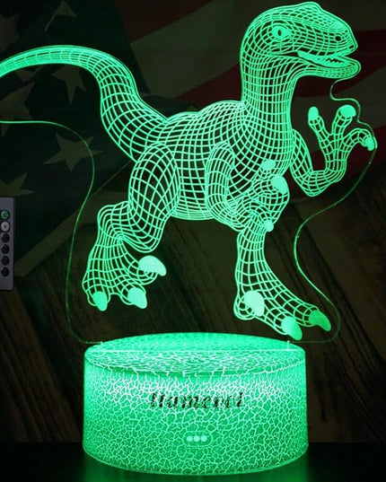Dinosaur Night Lights for Kids Christmas Gift for Boys Birthday Dino Toy Raptor 3D Illusion Lamp Remote Control 16 Color Change - LeafyLoom