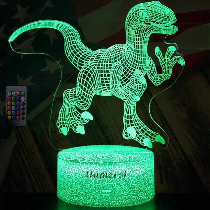 Dinosaur Night Lights for Kids Christmas Gift for Boys Birthday Dino Toy Raptor 3D Illusion Lamp Remote Control 16 Color Change - LeafyLoom
