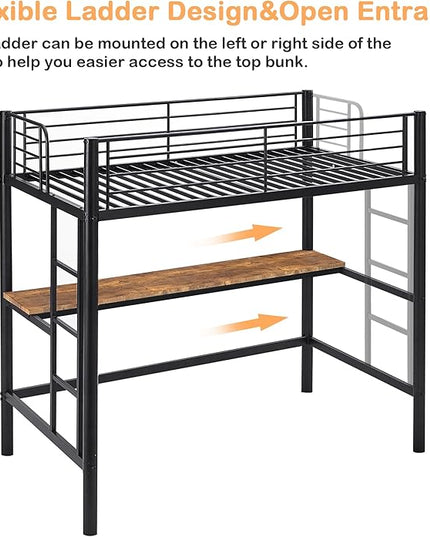VECELO Metal Loft Bed Twin Size with Desk, Heavy Duty Bedframe with Removable Ladder and Safety Guardrail, Space-Saving, Noise Free, No Box Spring Needed, Black - LeafyLoom
