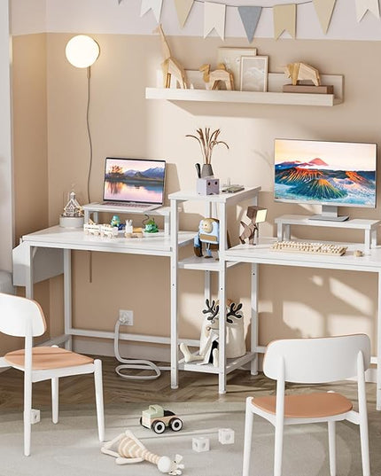 Furologee 2 Person Gaming Desk with LED Lights, 71 Inch Computer Desk with Power Outlets and Monitor Stand, Double Desk with Storage Bag and Headphone Hooks, Study Writing Table for Home Office, White - LeafyLoom