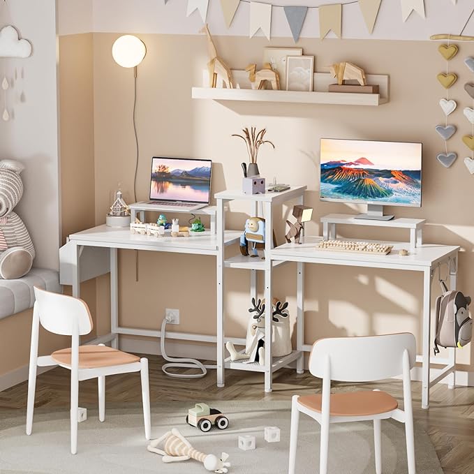 Furologee 2 Person Gaming Desk with LED Lights, 71 Inch Computer Desk with Power Outlets and Monitor Stand, Double Desk with Storage Bag and Headphone Hooks, Study Writing Table for Home Office, White - LeafyLoom