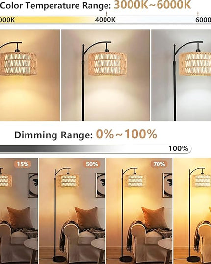 Floor Lamp for Living Room Bedroom with Remote Boho Rattan Arc Standing Lamp Dimmable Black Farmhouse Wicker Bamboo Lamp Shade Floor Light Adjustable Tall Lamp Industrial Floor Lamps Bohemian - LeafyLoom