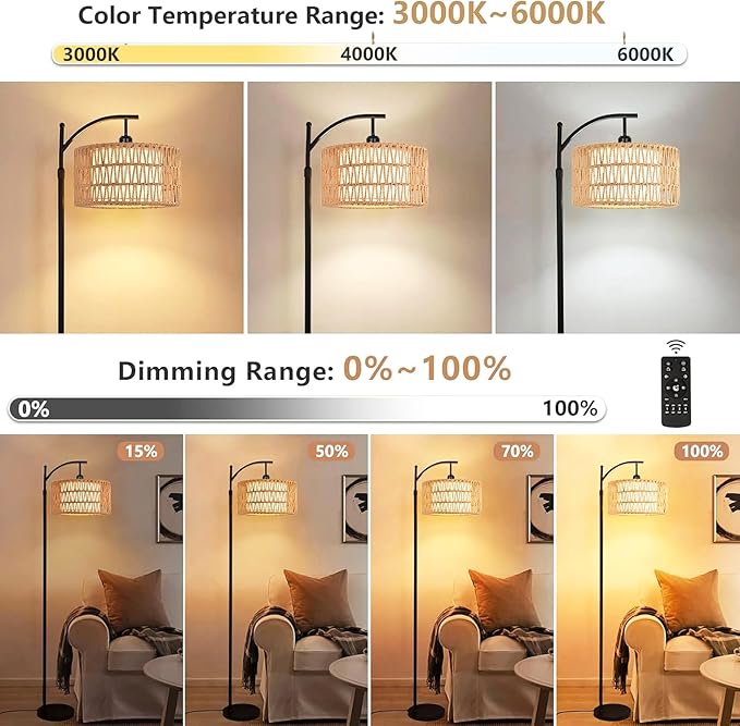 Floor Lamp for Living Room Bedroom with Remote Boho Rattan Arc Standing Lamp Dimmable Black Farmhouse Wicker Bamboo Lamp Shade Floor Light Adjustable Tall Lamp Industrial Floor Lamps Bohemian - LeafyLoom