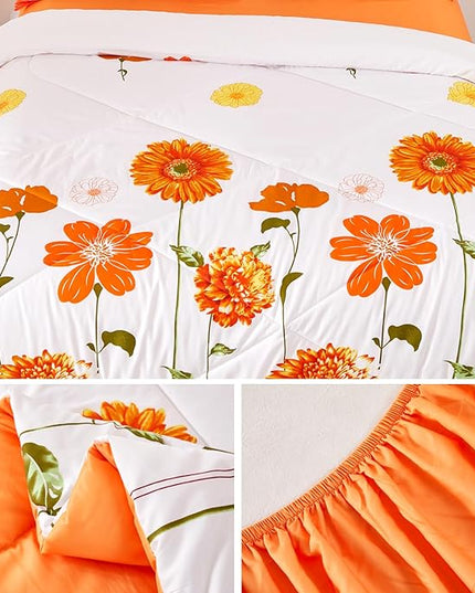 EVENHUG Twin Comforter Set 5 Pieces Reversible Twin Size Comforters for All Season Orange Sunflower Floral Bedding Sets Bed in a Bag with Flat Sheet and Fitted Sheet,Pillowcases & Shams - LeafyLoom
