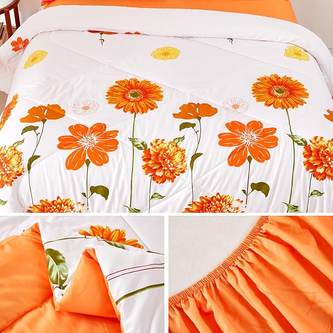 EVENHUG Twin Comforter Set 5 Pieces Reversible Twin Size Comforters for All Season Orange Sunflower Floral Bedding Sets Bed in a Bag with Flat Sheet and Fitted Sheet,Pillowcases & Shams - LeafyLoom