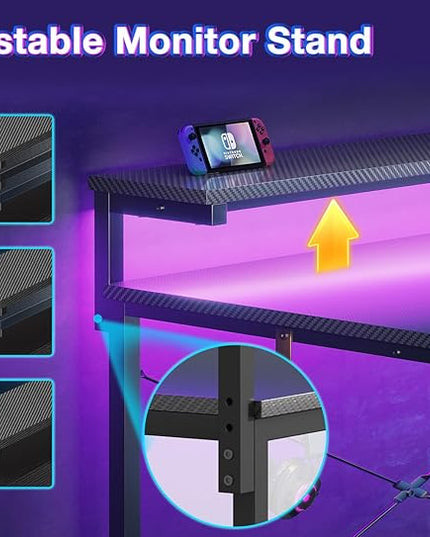 MOTPK Gaming Desk with Led Lights & Power Outlet, 47 Inch Gaming Computer Desk with Shelves, Reversible Gamer Desk Table with Adjustable Monitor Stand & Headphone Hook, Carbon Fiber Texture, Black - LeafyLoom