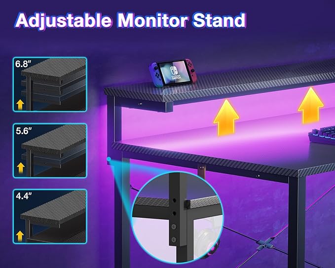 MOTPK Gaming Desk with Led Lights & Power Outlet, 47 Inch Gaming Computer Desk with Shelves, Reversible Gamer Desk Table with Adjustable Monitor Stand & Headphone Hook, Carbon Fiber Texture, Black - LeafyLoom