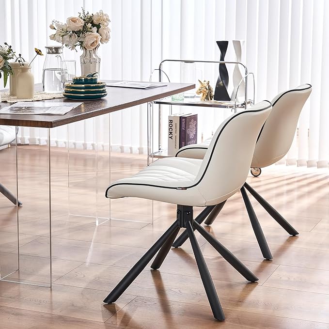 YOUNUOKE Upholstered Dining Chairs Set of 2 Comfortable Mid Century Modern Kitchen Chair with Sturdy Metal Legs Faux Leather Dinner Chairs for Kitchen Dining Room, White - LeafyLoom