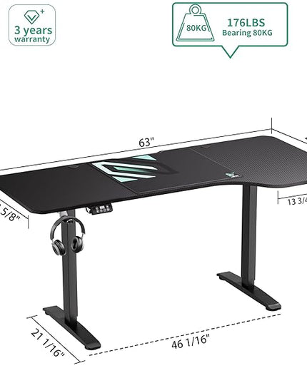 Standing Adjustable Desk, 63 inches L Shaped Electric Standing Gaming Desk with Locking Wheels, Cup Holder, Headphone Hook, Cable Manager, Mouse pad, Carbon Fiber Textured Pane - LeafyLoom