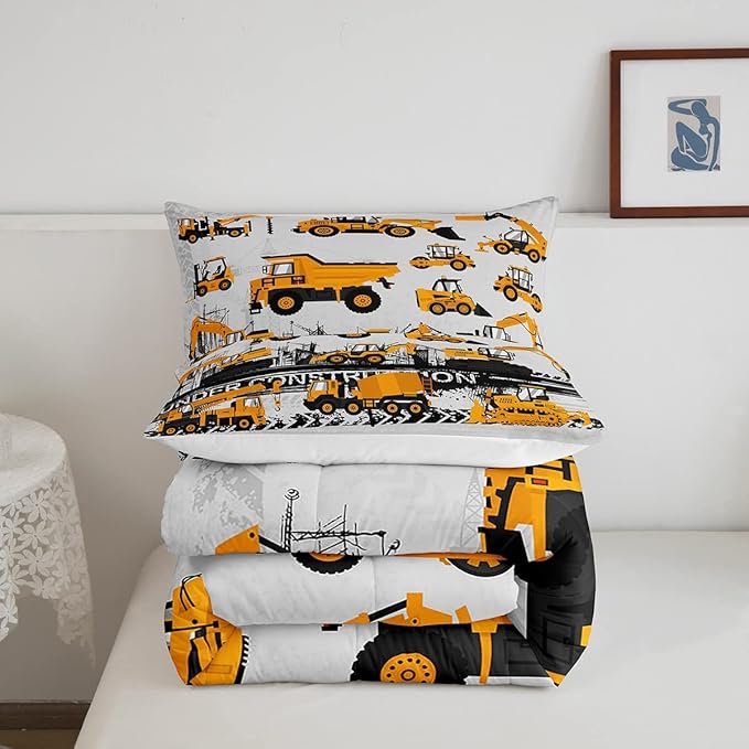 Feelyou Under Construction Comforter Set Vehicles Truck Car Bedding Set for Kids Boys Girls Children Cartoon Excavator Comforter Room Decor Machinery Bulldozer Crane Duvet Set Twin Size - LeafyLoom