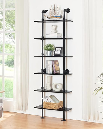 HOMBAZAAR Industrial Bookshelf, 6-Tier Industrial Pipe Bookshelf, Wall Mounted Ladder Shelf with Metal Frame for Home Office, Living Room, Black - LeafyLoom
