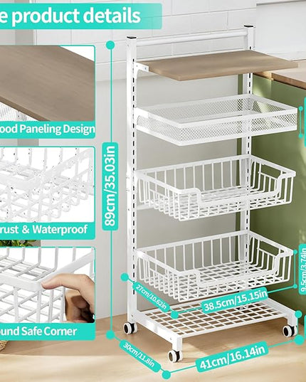 HapiRm Fruit Basket Vegetable Basket - 5 Tier Adjustable Kitchen Storage Cart, Wooden Top Table Fruit and Vegetable Car Snack Cart with Wheels, Metal Mesh and Wire Storage Basket for Onions Potatoes - LeafyLoom