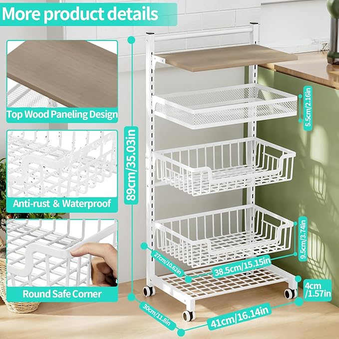 HapiRm Fruit Basket Vegetable Basket - 5 Tier Adjustable Kitchen Storage Cart, Wooden Top Table Fruit and Vegetable Car Snack Cart with Wheels, Metal Mesh and Wire Storage Basket for Onions Potatoes - LeafyLoom