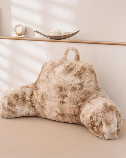 A Nice Night Faux Fur Soft Reading Pillow Bed Wedge Adult Backrest with Arms Back Support for Sitting Up in Bed/Couch for Bedrest, Tie Dyed Khaki - LeafyLoom