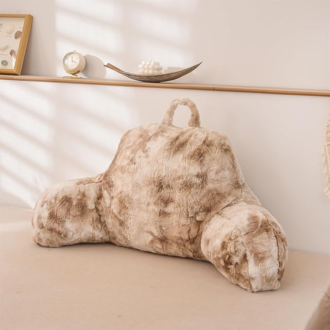 A Nice Night Faux Fur Soft Reading Pillow Bed Wedge Adult Backrest with Arms Back Support for Sitting Up in Bed/Couch for Bedrest, Tie Dyed Khaki - LeafyLoom