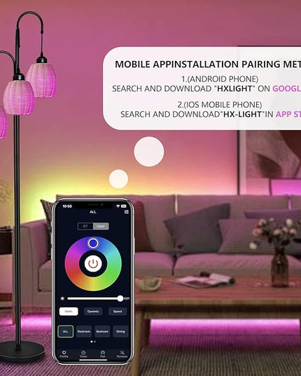 Rattan RGB Floor Lamps for Living Room with RGB LED Bulb, Dimmable Boho 3 Lights Floor lamp with App Control & Remote Control Farmhouse Stand Lamp for Bedroom，3 PCS RGB LED Bulb Included - LeafyLoom