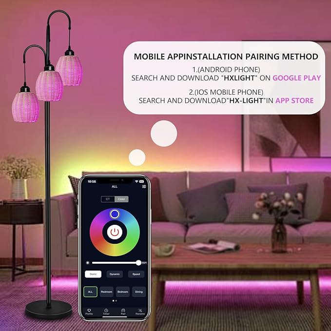 Rattan RGB Floor Lamps for Living Room with RGB LED Bulb, Dimmable Boho 3 Lights Floor lamp with App Control & Remote Control Farmhouse Stand Lamp for Bedroom，3 PCS RGB LED Bulb Included - LeafyLoom
