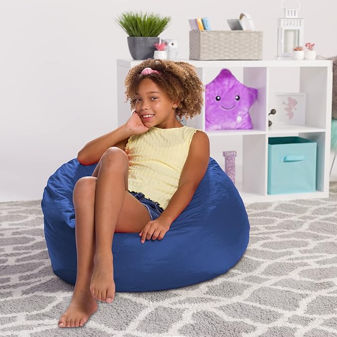 Posh Creations Structured Comfy Seat for Playrooms and Bedrooms, Large Bean Bag Chair, 100in Round Classic Bean Bag, Navy - LeafyLoom
