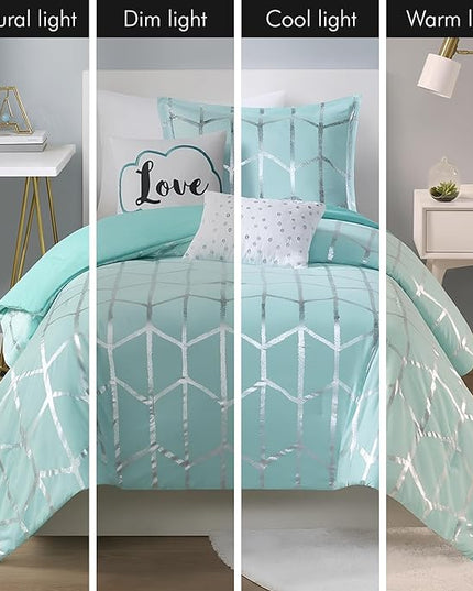 Intelligent Design Raina Twin / Twin XL Comforter Set, Soft Microfiber Comforter Set Twin, Modern Geometric Metallic Bed Set, 4 Pieces College Bedding Comforter Set with 1 Sham, 2 Toss Pillows Aqua - LeafyLoom