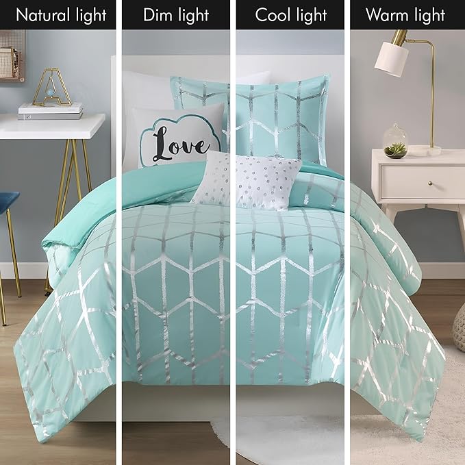 Intelligent Design Raina Twin / Twin XL Comforter Set, Soft Microfiber Comforter Set Twin, Modern Geometric Metallic Bed Set, 4 Pieces College Bedding Comforter Set with 1 Sham, 2 Toss Pillows Aqua - LeafyLoom