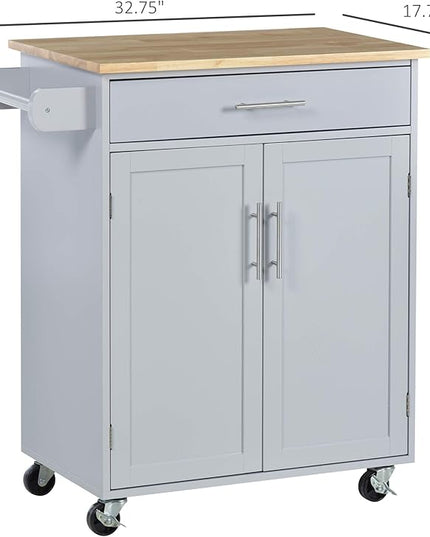 HOMCOM Kitchen Island Cart Rolling Trolley Cart with Drawer, Storage Cabinet & Towel Rack, Gray - LeafyLoom