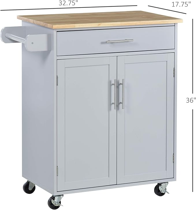HOMCOM Kitchen Island Cart Rolling Trolley Cart with Drawer, Storage Cabinet & Towel Rack, Gray - LeafyLoom