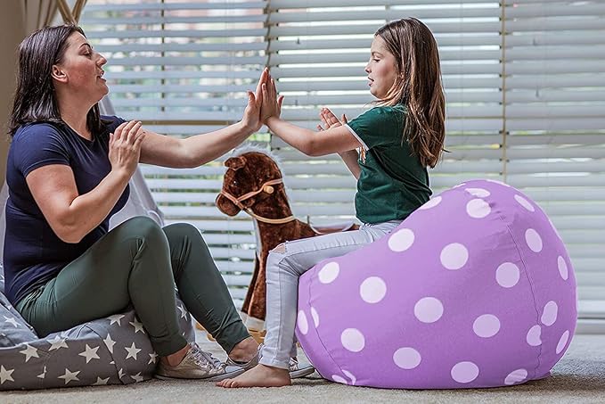 Wekapo Stuffed Animal Storage Bean Bag Chair Cover for Kids | Stuffable Zipper Beanbag for Organizing Children Plush Toys Large Premium Cotton Canvas (Purple Dot, XX-Large) - LeafyLoom