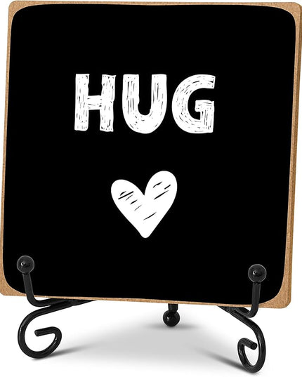 Hug - Home Office Desk Decor Wood Plaque with Stand, Love You Gifts, Thinking of You Gifts for Women Friends Girlfriend Boyfriend Mom Sisters - A02 - LeafyLoom