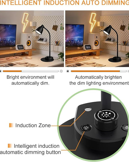 BOHON LED Desk Lamp with USB Charging Port 3 Color Modes Dimmable Reading Light Intelligent Induction Auto Dimming Task Lamp Flexible Gooseneck Table Lamp for Bedside Office, AC Adapter Include - LeafyLoom