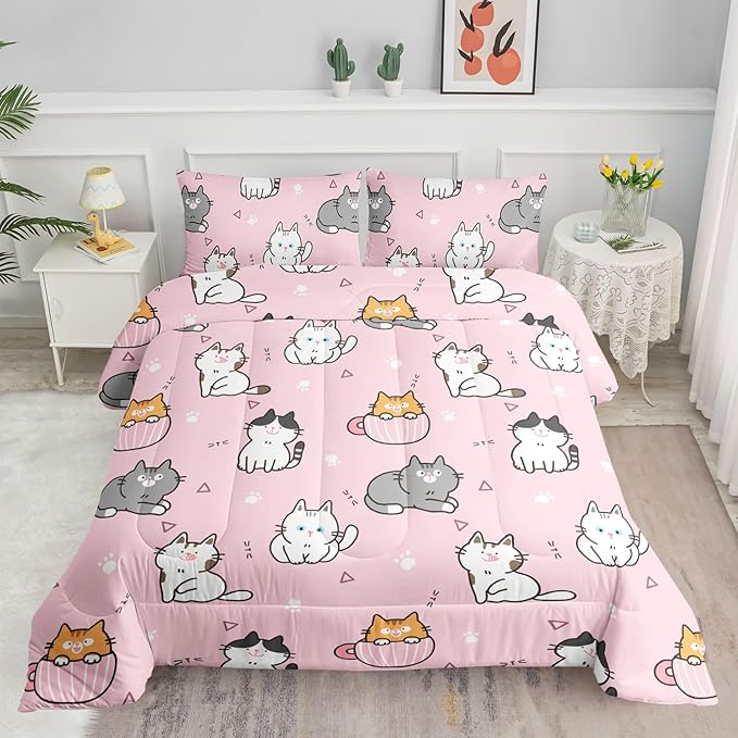 Datura home Pink Kawaii Cat Comforter Bedding Set for Girls Lovely Kitten Print Cute Animal Pattern with 1 and 2 Pillowcases Bedroom All Season(Cat Twin), Twin 68x86inches - LeafyLoom