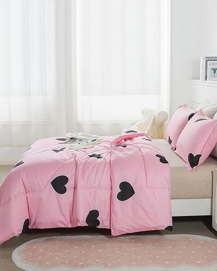 Girls Pink Comforter Set Twin Size, Blush Pink Cute Love Heart Print Sexy Comforter Bedding Set for All Seasons, Geometric Soft Microfiber Comforter Set with Pillowsham - LeafyLoom