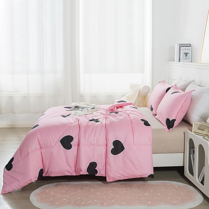 Girls Pink Comforter Set Twin Size, Blush Pink Cute Love Heart Print Sexy Comforter Bedding Set for All Seasons, Geometric Soft Microfiber Comforter Set with Pillowsham - LeafyLoom