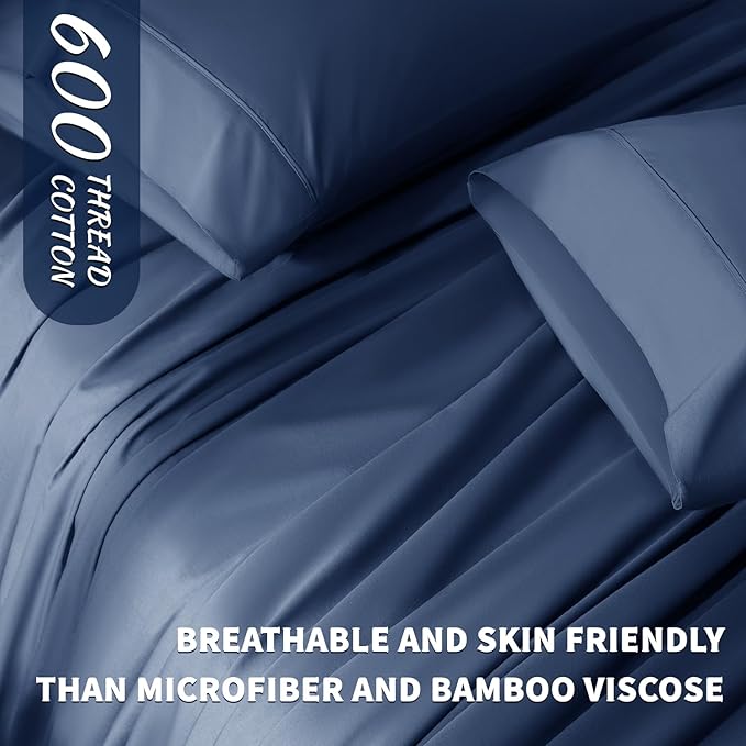 Shilucheng 100% Cotton King Size Sheets Set - 600 Thread Count，Luxury Egyptian Cotton Bed Sheets，5-Star Hotel Quality Sheets, Breathable & Cooling, 16 Inch Deep Pocket - 4 Piece (Navy Blue, King) - LeafyLoom