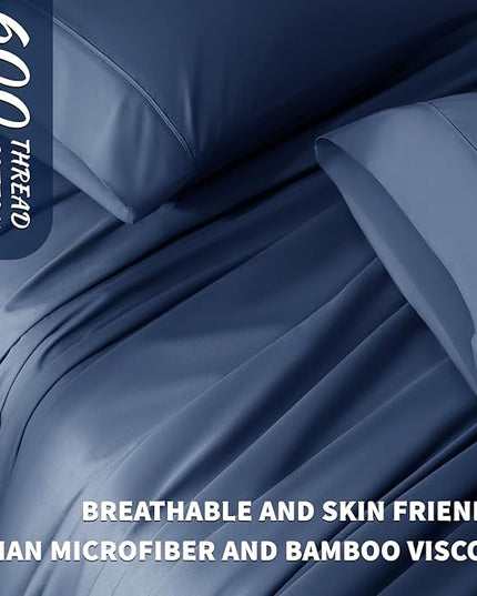 Shilucheng 100% Cotton Sheets Set - 600 Thread Count，Luxury Egyptian Cotton Bed Sheets，5-Star Hotel Quality Sheets, Breathable & Cooling, 16 Inch Deep Pocket - 4 Piece (Navy Blue, California King) - LeafyLoom