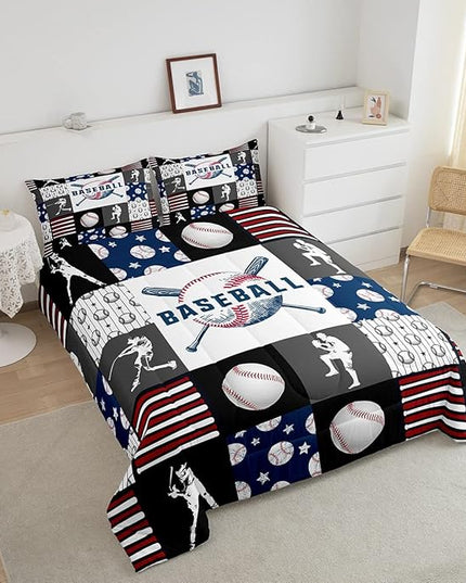 Teen Boy Sports Baseball King Bedding Set,Kids Baseball Athlete Comforter Set,Grunge Hippie Tie Dye Ball Bed Comforter Sets Room Decor Patchwork Pattern 2 Pillow Cases（Red Blue Black White Grey） - LeafyLoom