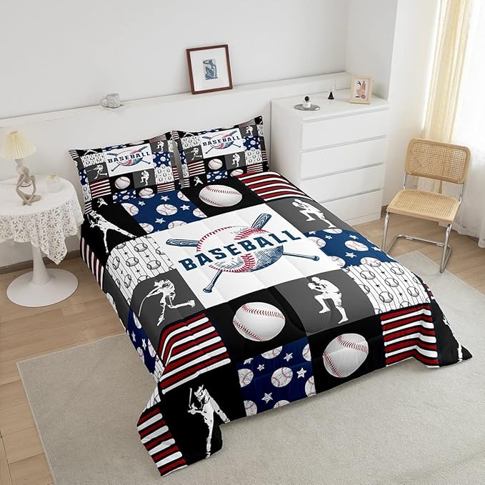 Teen Boy Sports Baseball King Bedding Set,Kids Baseball Athlete Comforter Set,Grunge Hippie Tie Dye Ball Bed Comforter Sets Room Decor Patchwork Pattern 2 Pillow Cases（Red Blue Black White Grey） - LeafyLoom