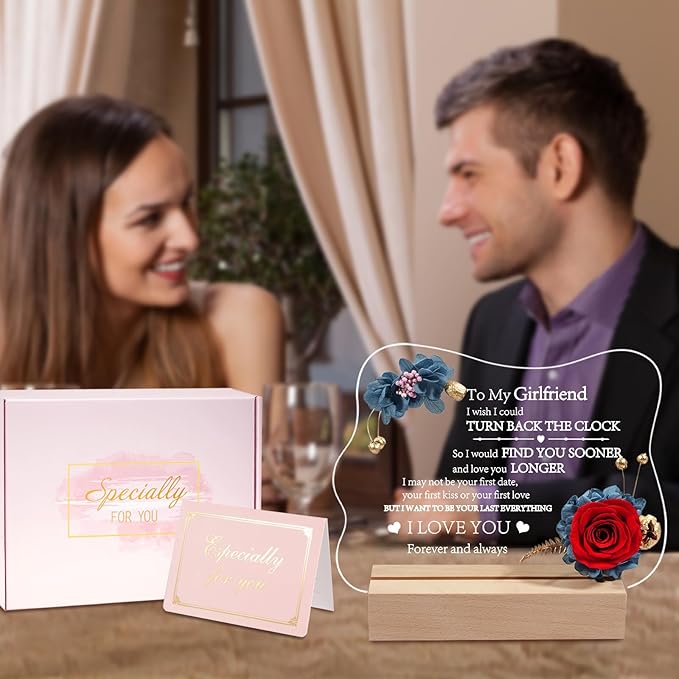 Yamonic Valentines Day Gifts for Her, Handmade Acrylic Plaque with Eternal Real Rose, Night Light with Preserved Rose Romantic Gifts for Girlfriend Wife Women (to My Girlfriend) - LeafyLoom