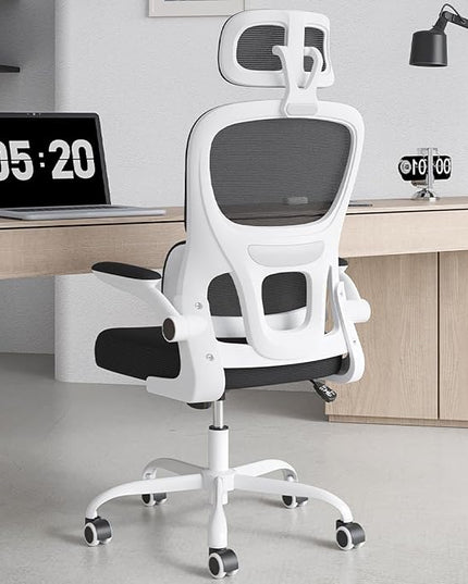 Soohow Ergonomic Home Office Chair, Mesh Desk Chair with Lumbar Support, Comfy Computer Desk Chair with Flip Armrest Rolling Wheels, Adjustable Headrest, White. - LeafyLoom
