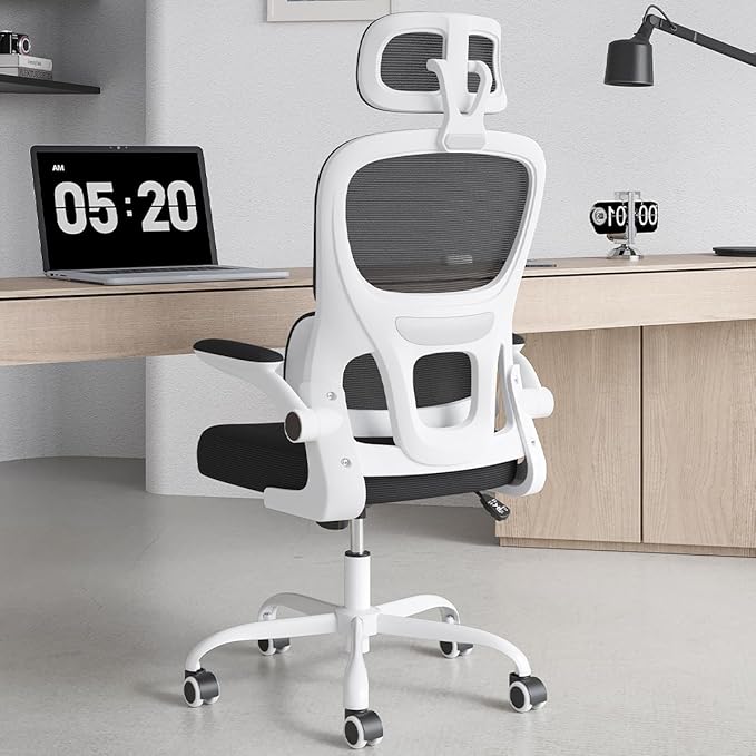 Soohow Ergonomic Home Office Chair, Mesh Desk Chair with Lumbar Support, Comfy Computer Desk Chair with Flip Armrest Rolling Wheels, Adjustable Headrest, White. - LeafyLoom