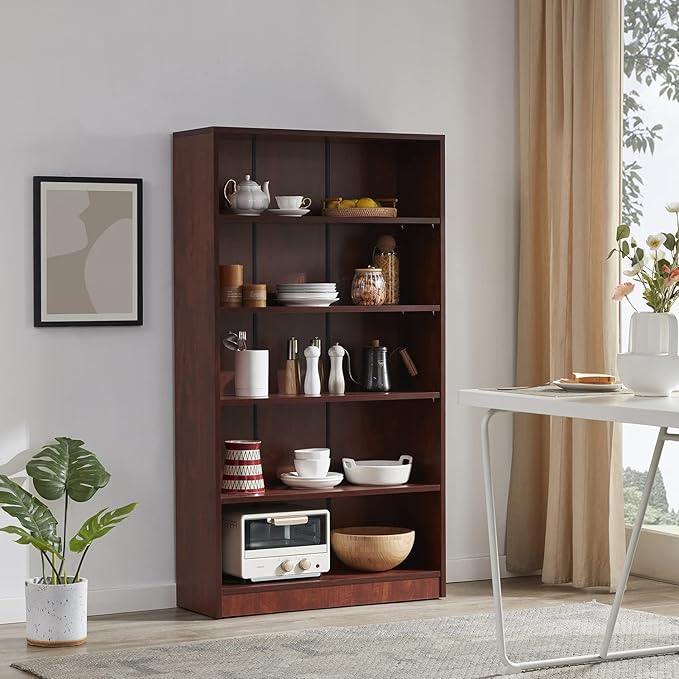 Farini Cherry Bookshelf 5 Shelf Office Bookcase 60 Inches Tall Modern Wood Bookshelf for Living Room Office - LeafyLoom