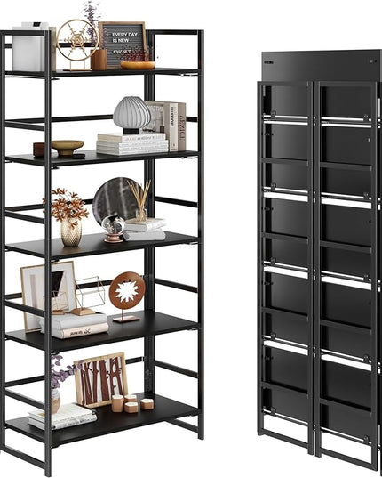 No-Assembly Folding Bookshelf Storage Shelves 5 Tiers Vintage Multifunctional Plant Flower Stand Storage Rack Shelves Bookcase for Home Office (All Black) - LeafyLoom