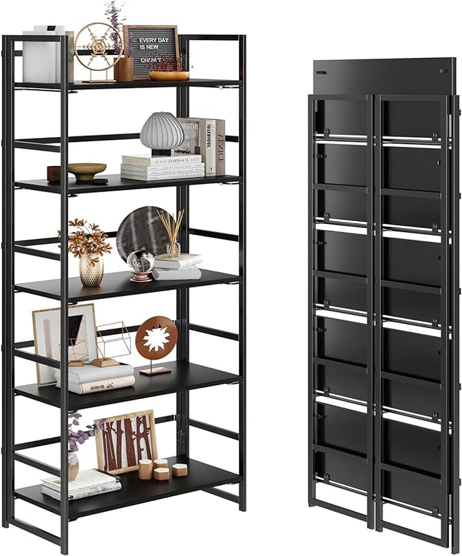 No-Assembly Folding Bookshelf Storage Shelves 5 Tiers Vintage Multifunctional Plant Flower Stand Storage Rack Shelves Bookcase for Home Office (All Black) - LeafyLoom