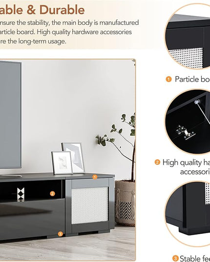 83 Inch TV Stand, Rattan Style Entertainment Center with Push to Open Doors and Ample Storage Space, Modern TV Stand for Home Theatre, Living Room, Black - LeafyLoom