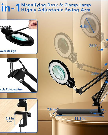【Upgrade Head Dual Dimmer】 10X Magnifying Glass with Light and Stand, HITTI 2-in-1 LED Lighted Magnifier Large Base & Clamp, Infinite Color Stepless Dimming Magnifying Lamp for Painting Craft Reading - LeafyLoom