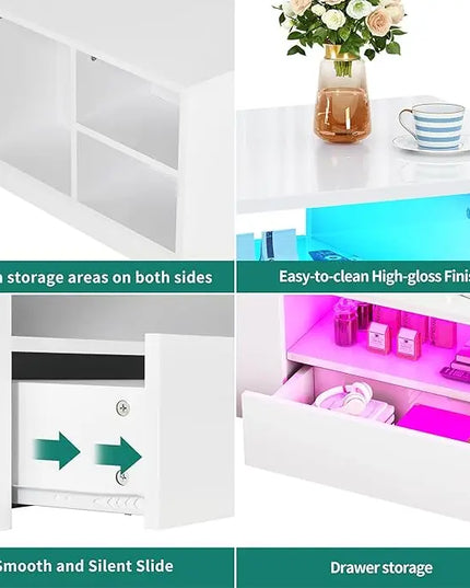 YITAHOME Modern Coffee Tables for Living Room, High Gloss LED Coffee Table, Storage Coffee Table, Small Coffee Table, Wood Center Table with 2 Sliding Drawers and Open Side Shelf,White - LeafyLoom