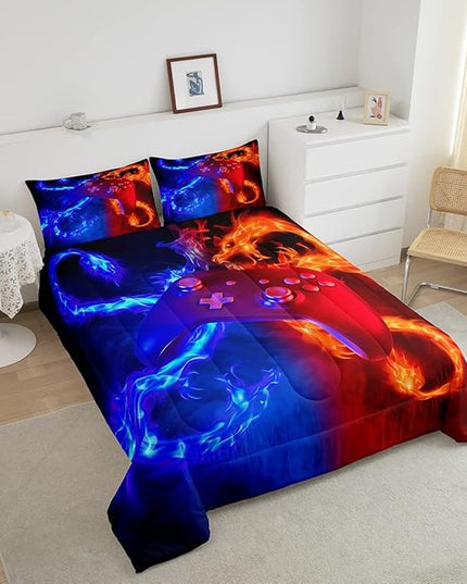 Ice Fire Dragon Comforter Set for Boys Teens Kids Gamer Games Room Decor Bedding Set Blue Red Gaming Gamepad Down Comforter ,Fairy Tale Animals Theme Room Decor 2Pcs Duvet Insert King Size,Soft - LeafyLoom