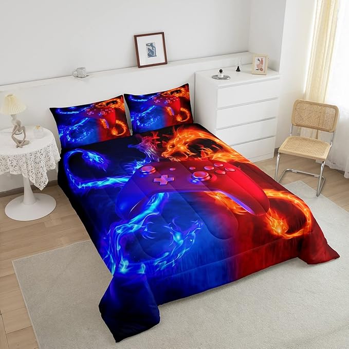 Ice Fire Dragon Comforter Set for Boys Teens Kids Gamer Games Room Decor Bedding Set Blue Red Gaming Gamepad Down Comforter ,Fairy Tale Animals Theme Room Decor 2Pcs Duvet Insert King Size,Soft - LeafyLoom